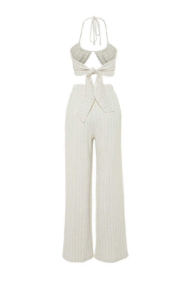 Ecru Woven Linen-Blend Blouse and Pants Beach Set