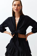 Black Woven-Tie Beach Crop Top