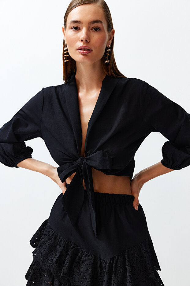 Black Woven-Tie Beach Crop Top