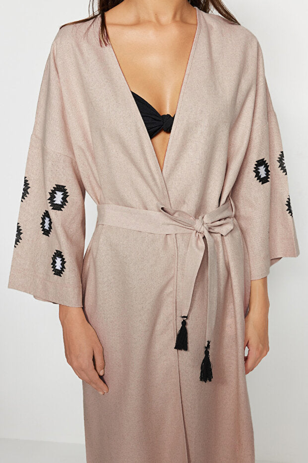 Beige Belted Woven Embroidered Maxi Beach Kimono & Kaftan