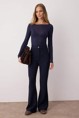 Navy Blue Spanish-Style Flare Bootcut Woven Pants