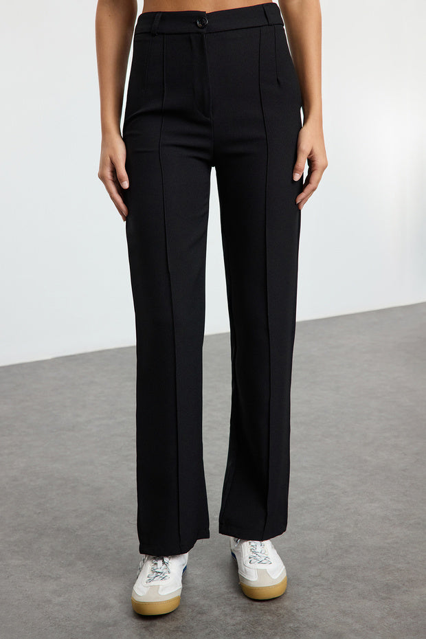 Black Straight-Leg High-Waisted Ribbed-Stitch Woven Pants