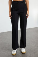 Black Straight-Leg High-Waisted Ribbed-Stitch Woven Pants
