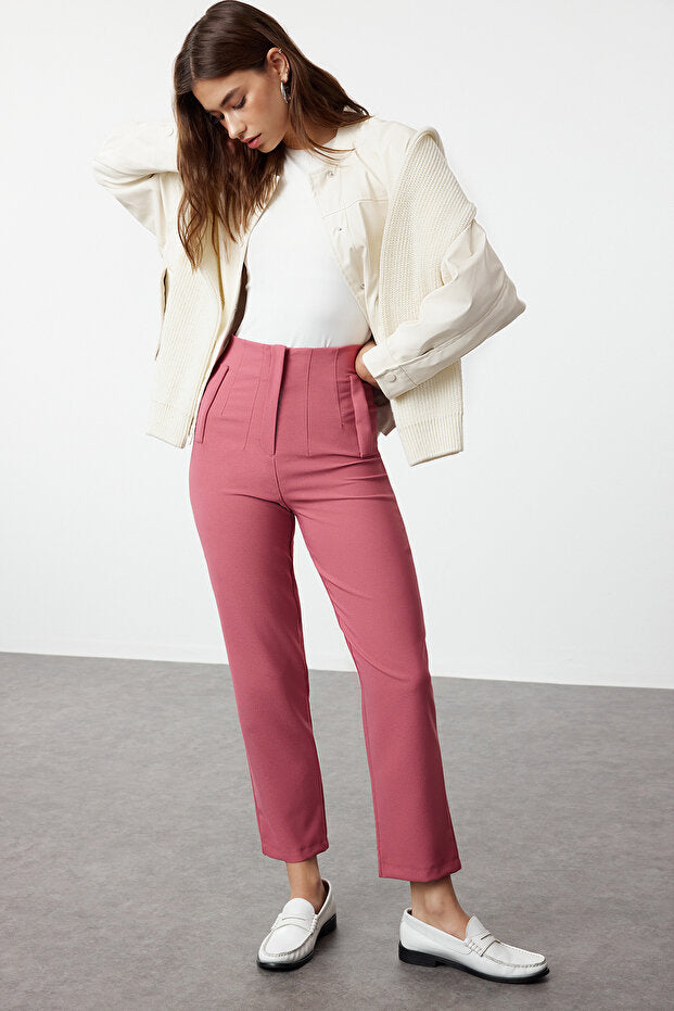 Dusty Rose High-Waist Pleated Ankle-Length Cigarette Woven Trousers