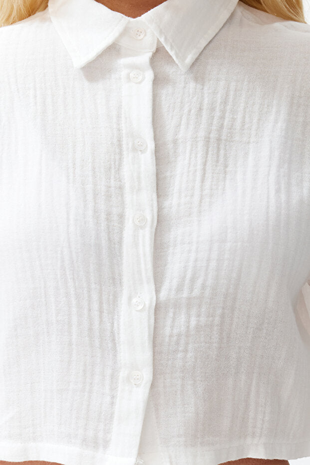 White 100% Cotton Woven Beach Crop Shirt