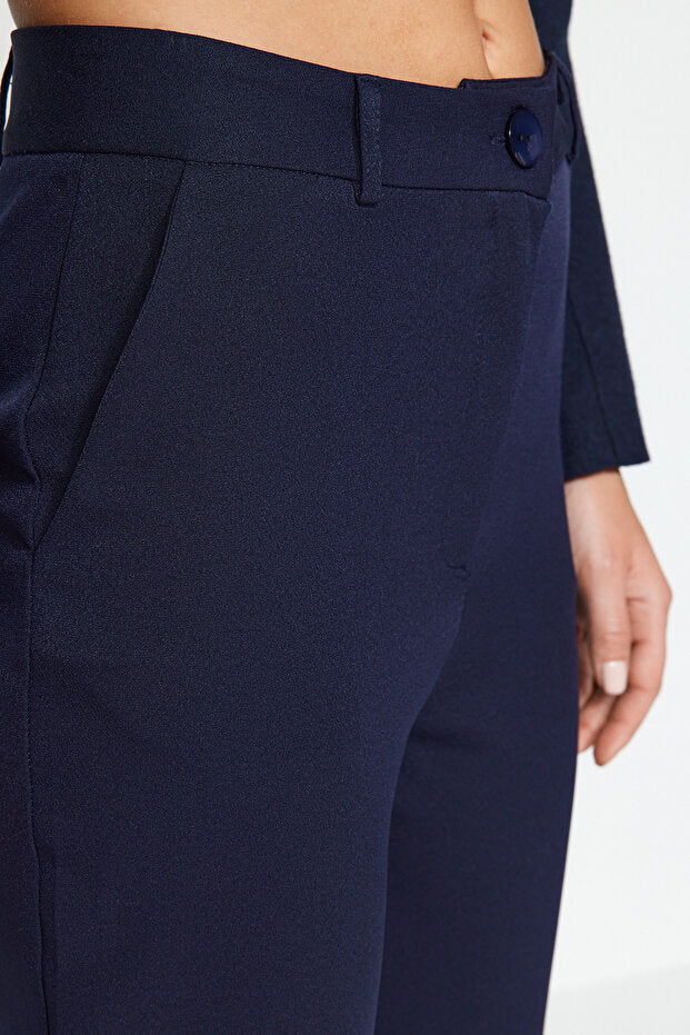 Navy Basic Cigarette Slim-Fit Woven Fabric Pants