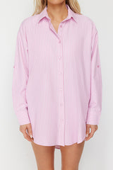 Pink Striped Woven Maxi Beachwear Shirt