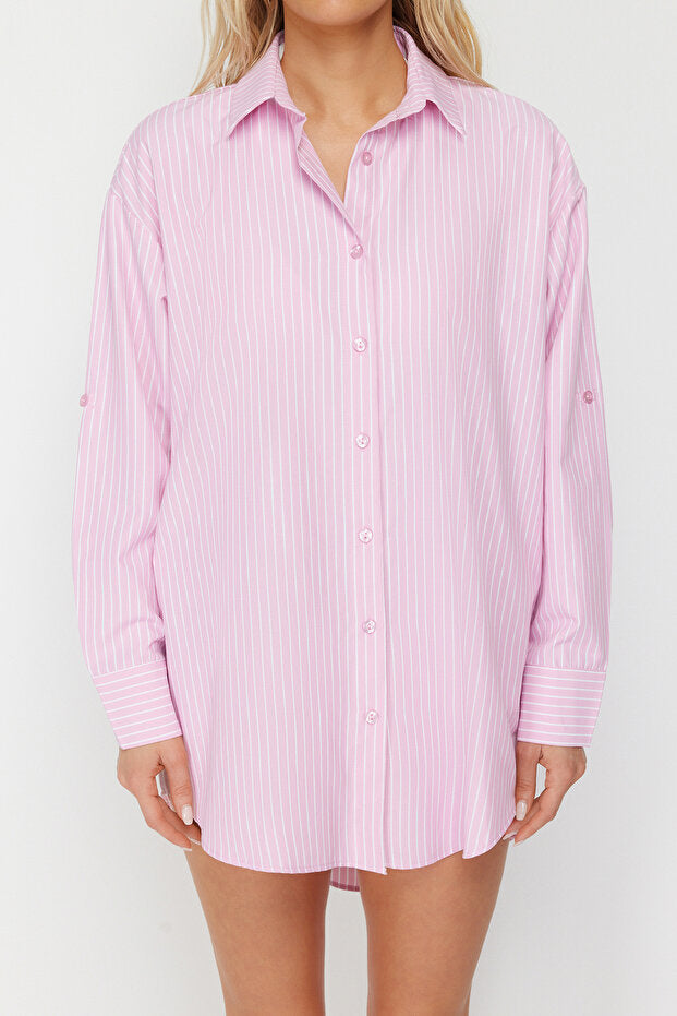 Pink Striped Woven Maxi Beachwear Shirt