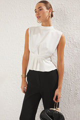 White Woven Crew-Neck Sleeveless Blouse