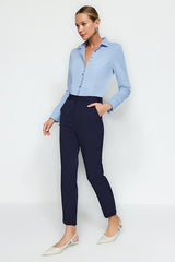 Navy Basic Cigarette Slim-Fit Woven Fabric Pants
