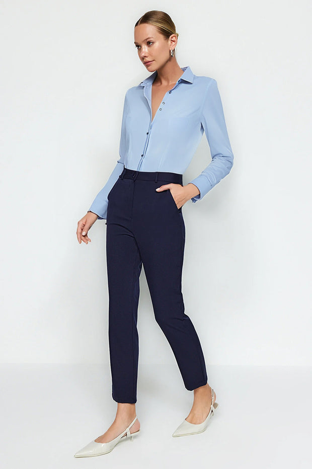 Navy Basic Cigarette Slim-Fit Woven Fabric Pants