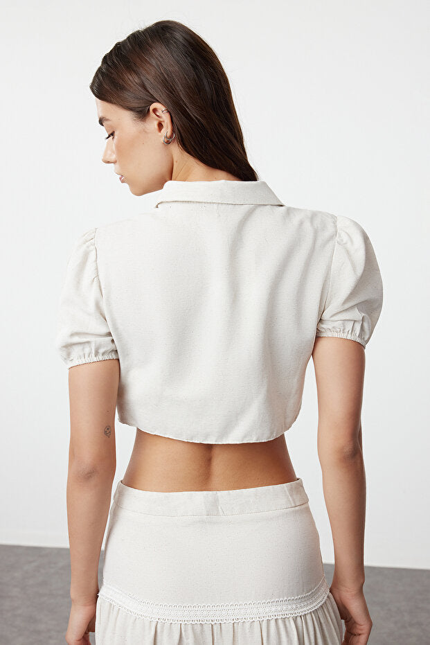 Beige Cropped Woven Tie-Front Linen-Look Beach Blouse