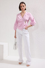 Pink Double-Breasted Striped Woven Blouse