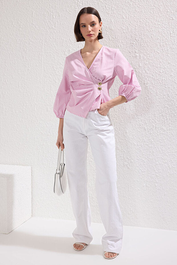 Pink Double-Breasted Striped Woven Blouse