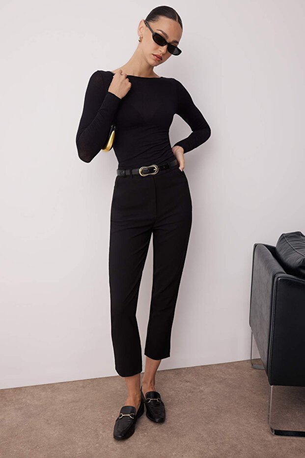 Black Basic Cigarette Narrow Leg Woven Fabric Trousers