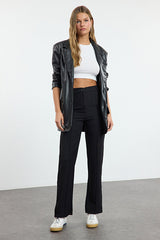Black Straight-Leg High-Waisted Ribbed-Stitch Woven Pants