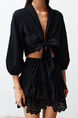 Black Woven-Tie Beach Crop Top