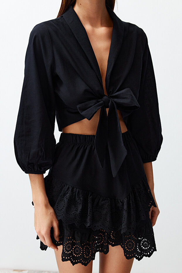 Black Woven-Tie Beach Crop Top