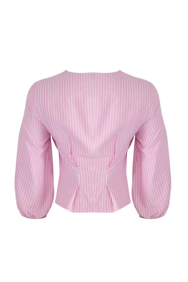 Pink Double-Breasted Striped Woven Blouse