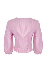Pink Double-Breasted Striped Woven Blouse