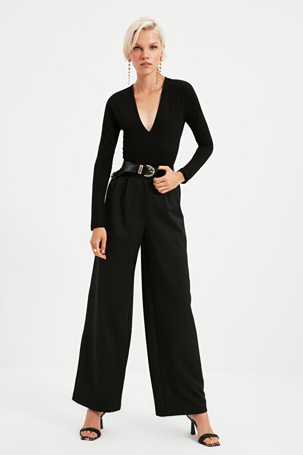 Black Deep V-Neck Knitted Bodysuit with Snaps