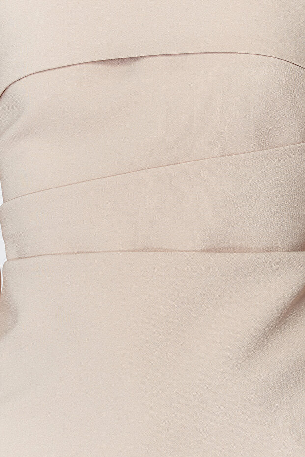 Mink Strapless Fitted Draped Woven Blouse
