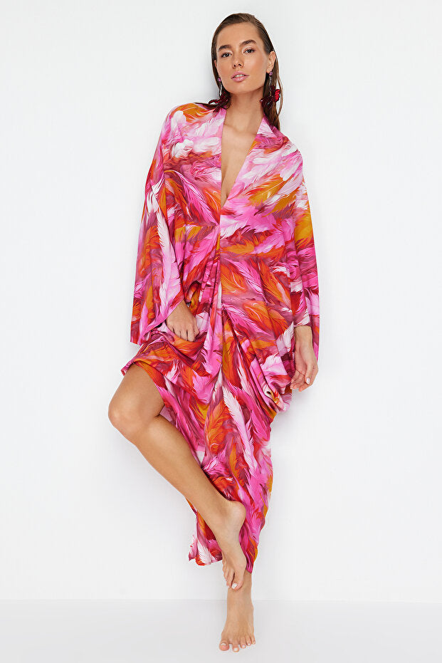 Abstract Pattern Wide Fit Maxi Woven Gathered Beach Dress