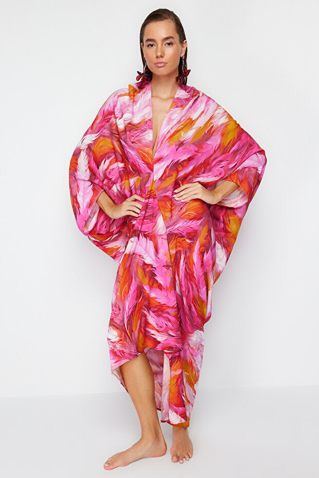 Abstract Pattern Wide Fit Maxi Woven Gathered Beach Dress