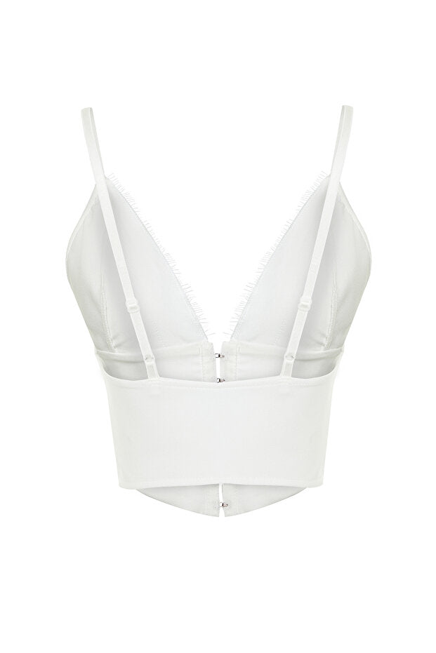 Bridal White Crop-Top Lined Woven Lace Bustier with Hook-and-Eye Closure