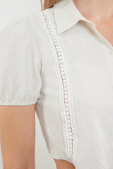 Beige Cropped Woven Tie-Front Linen-Look Beach Blouse