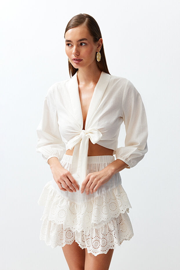 White Woven-Tie Beach Crop Top