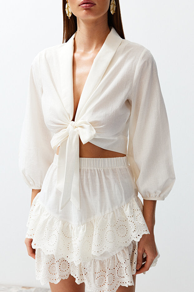 White Woven-Tie Beach Crop Top