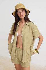 Green Woven Beach Shirt-Shorts Set