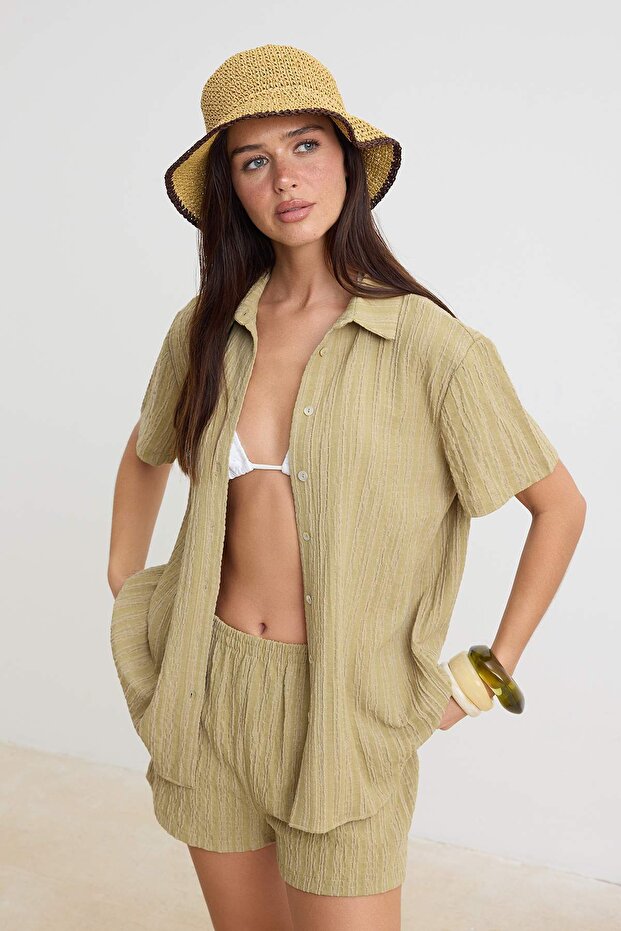 Green Woven Beach Shirt-Shorts Set