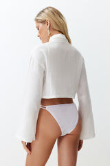 White 100% Cotton Woven Beach Crop Shirt