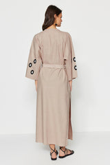 Beige Belted Woven Embroidered Maxi Beach Kimono & Kaftan