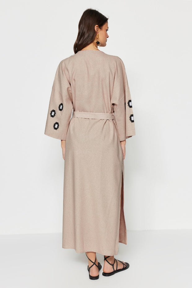 Beige Belted Woven Embroidered Maxi Beach Kimono & Kaftan