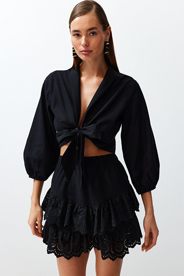 Black Woven-Tie Beach Crop Top
