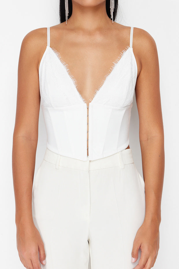 Bridal White Crop-Top Lined Woven Lace Bustier with Hook-and-Eye Closure