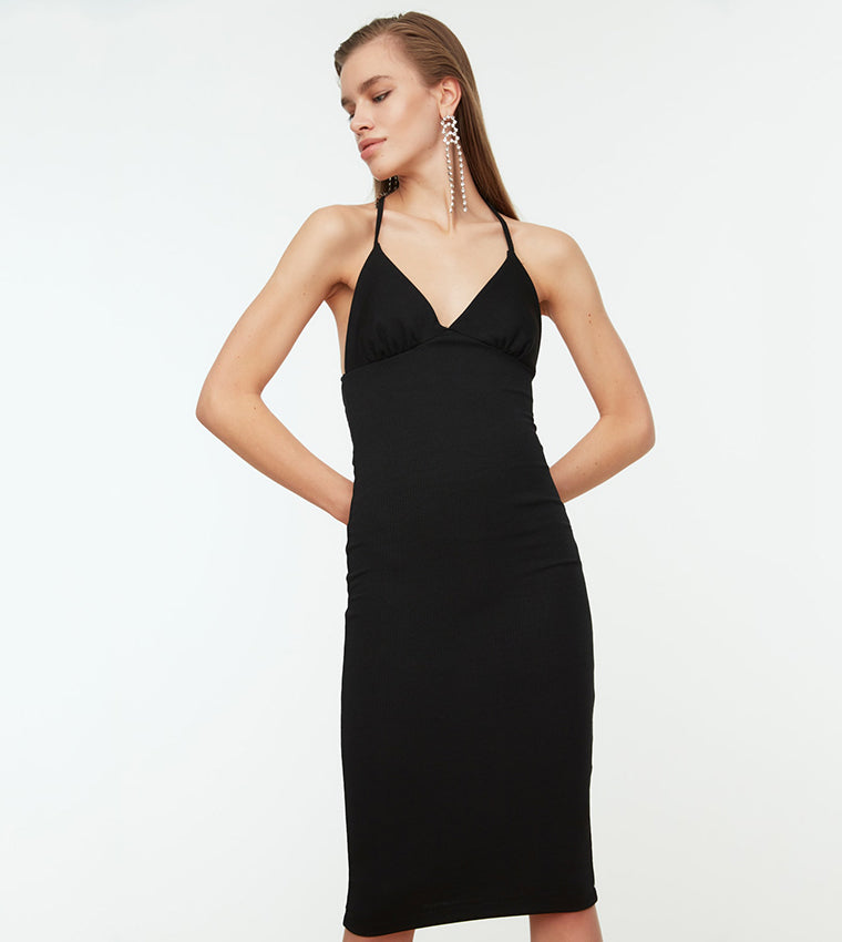 String Neck Midi Bodycon Dress