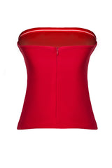 Red Strapless Fitted Draped Woven Blouse