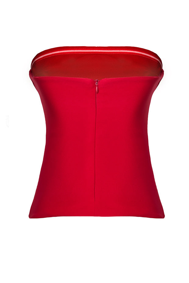 Red Strapless Fitted Draped Woven Blouse