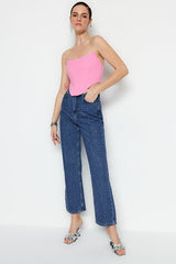 Pink K Crop Corset Detail Woven Bustier