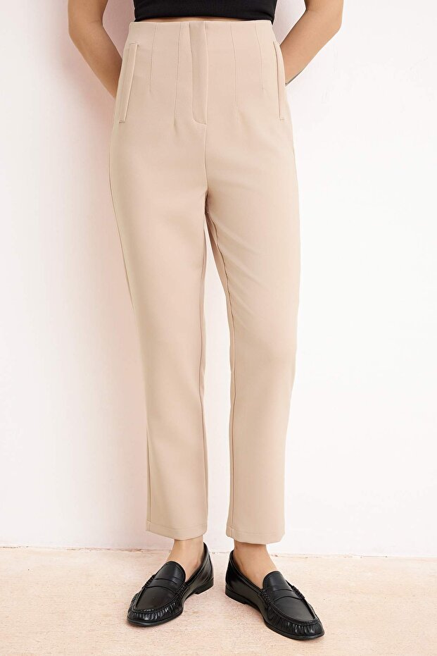 Beige Cigarette-Fit Pleated High-Waisted Ankle-Length Woven Pants
