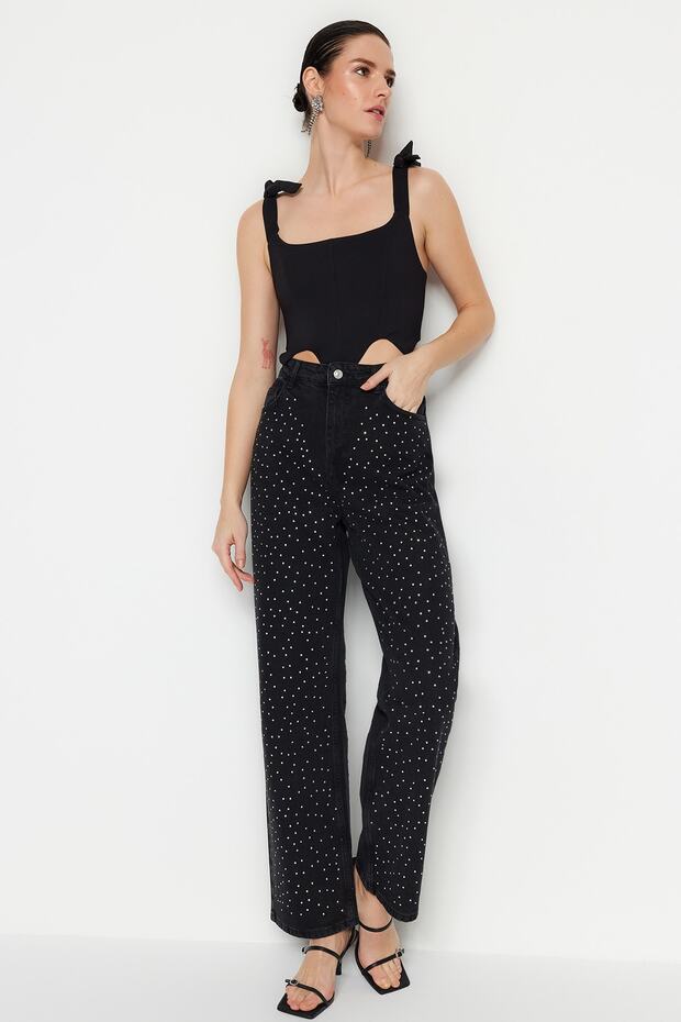 Black Crop Underwired Woven Bustier