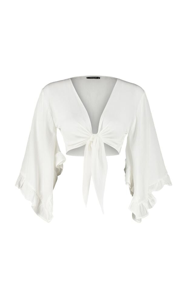 Ecru Ruffled Woven Beach Crop Top Blouse