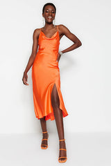 Orange Lined Woven Satin Evening Dress