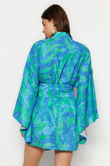 Abstract-Patterned Woven Beach Kimono & Kaftan with Mini Sash