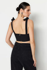 Black Crop Underwired Woven Bustier