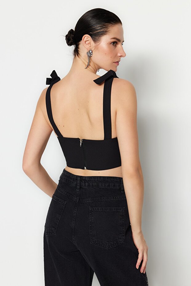 Black Crop Underwired Woven Bustier
